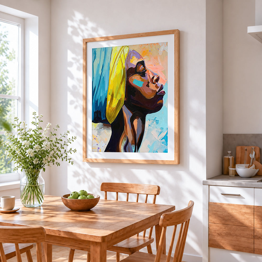 Profile of woman with yellow headwrap cross stitch artwork displayed on wall as home decor