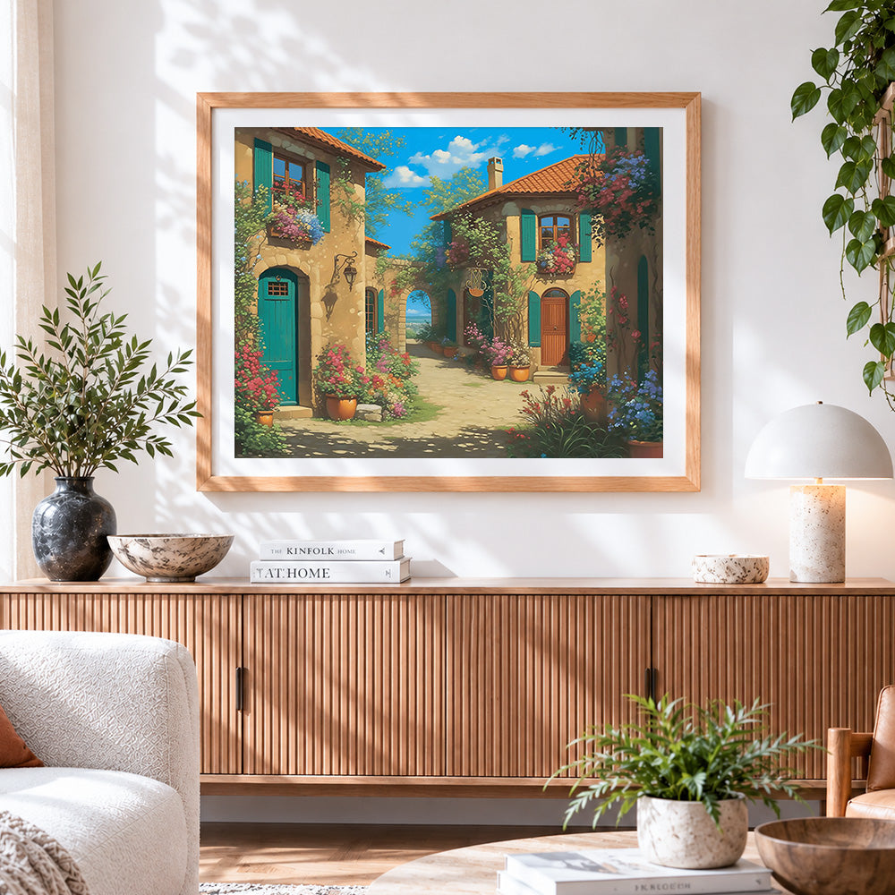 Finished provencal stone cottage and flowers paint by numbers artwork displayed as home decor