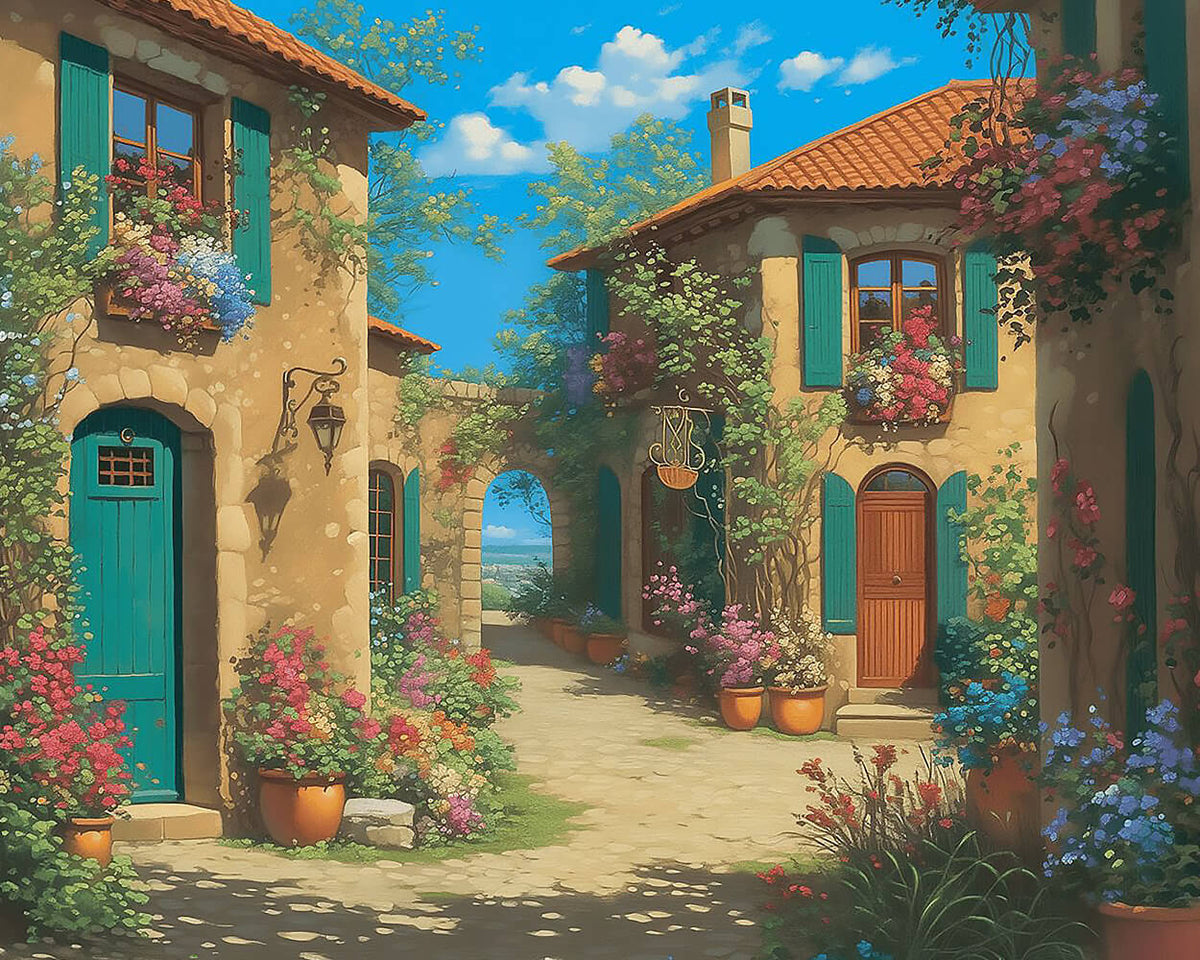 Provencal stone cottage and flowers paint by numbers kit for beginners