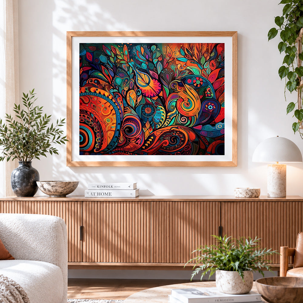 Finished psychedelic abstract botanical pattern cross stitch artwork displayed