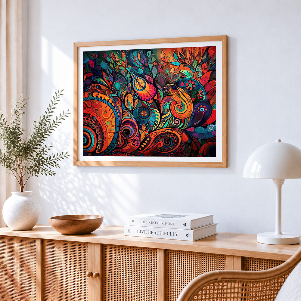 Psychedelic abstract botanical pattern cross stitch artwork displayed on wall as home decor