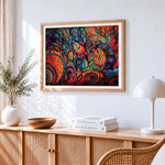 Psychedelic abstract botanical pattern cross stitch artwork displayed on wall as home decor