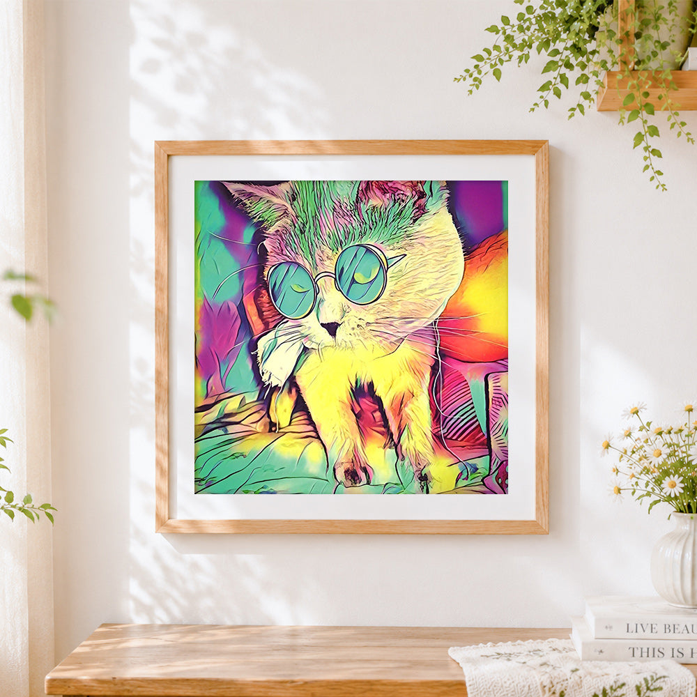 Finished psychedelic cat with sunglasses cross stitch artwork displayed
