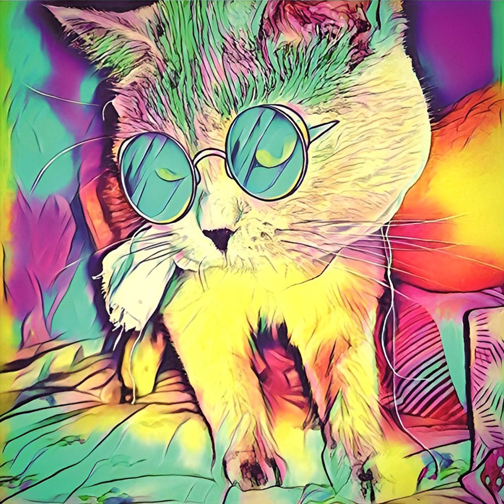 Psychedelic cat with sunglasses cross stitch kit for beginners