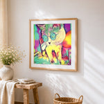 Psychedelic cat with sunglasses cross stitch artwork displayed on wall as home decor