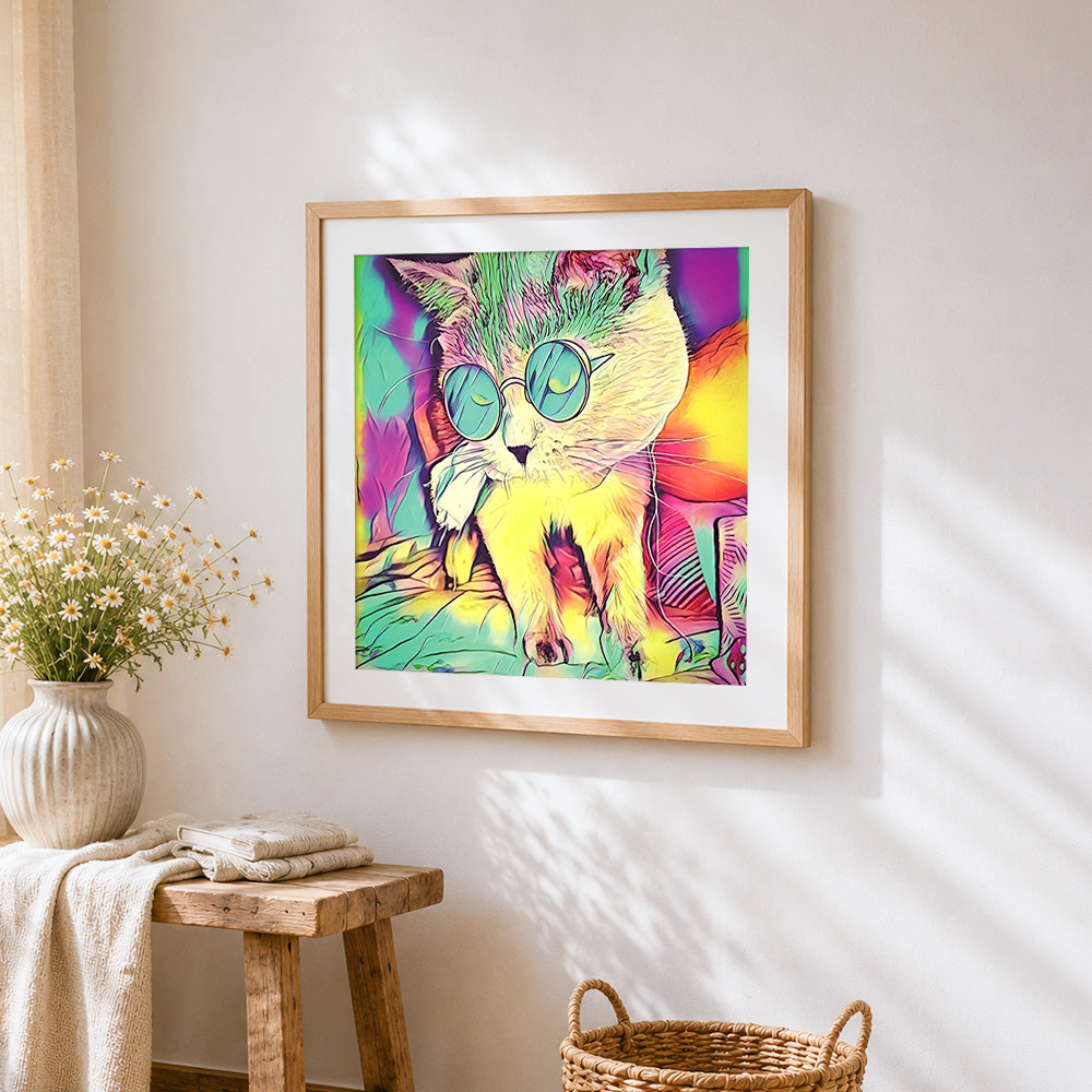 Psychedelic cat with sunglasses cross stitch artwork displayed on wall as home decor