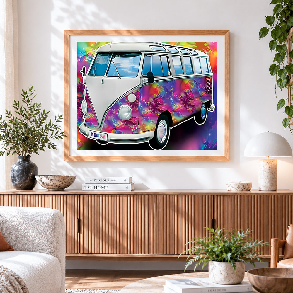 Finished psychedelic colourful camper van cross stitch artwork displayed