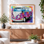 Finished psychedelic colourful camper van cross stitch artwork displayed