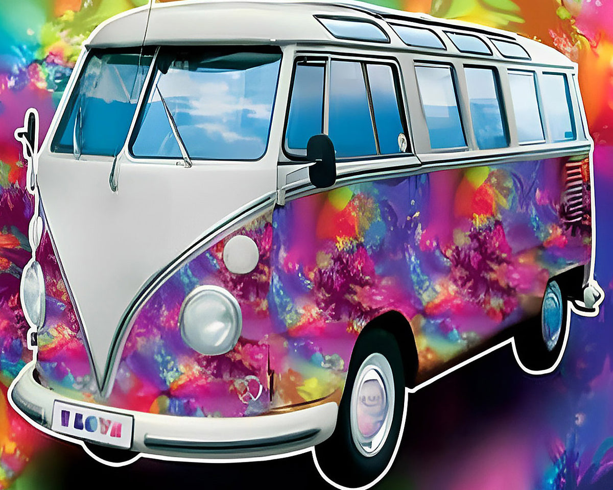 Psychedelic colourful camper van cross stitch kit for beginners