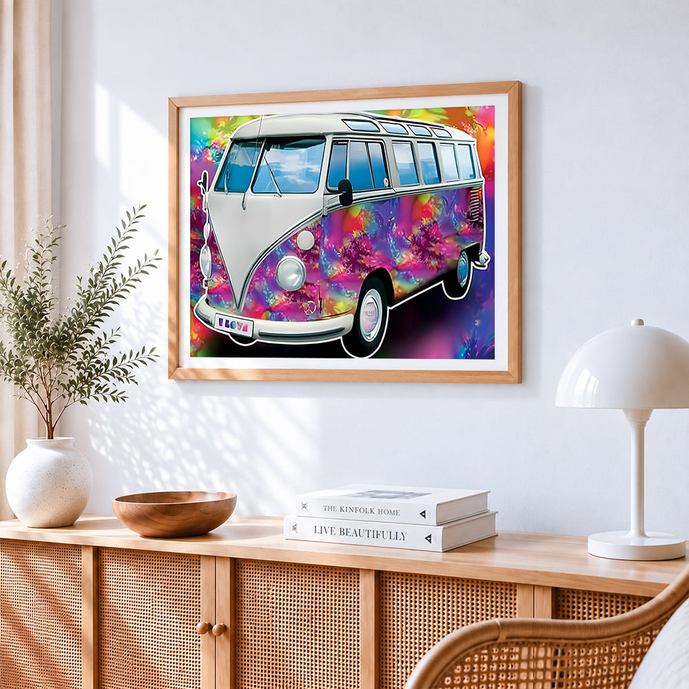 Psychedelic colourful camper van cross stitch artwork displayed on wall as home decor