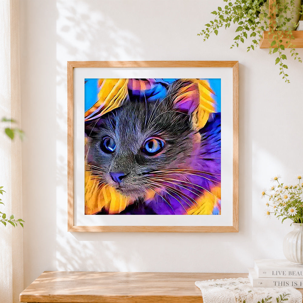 Finished psychedelic colourful cat portrait cross stitch artwork displayed