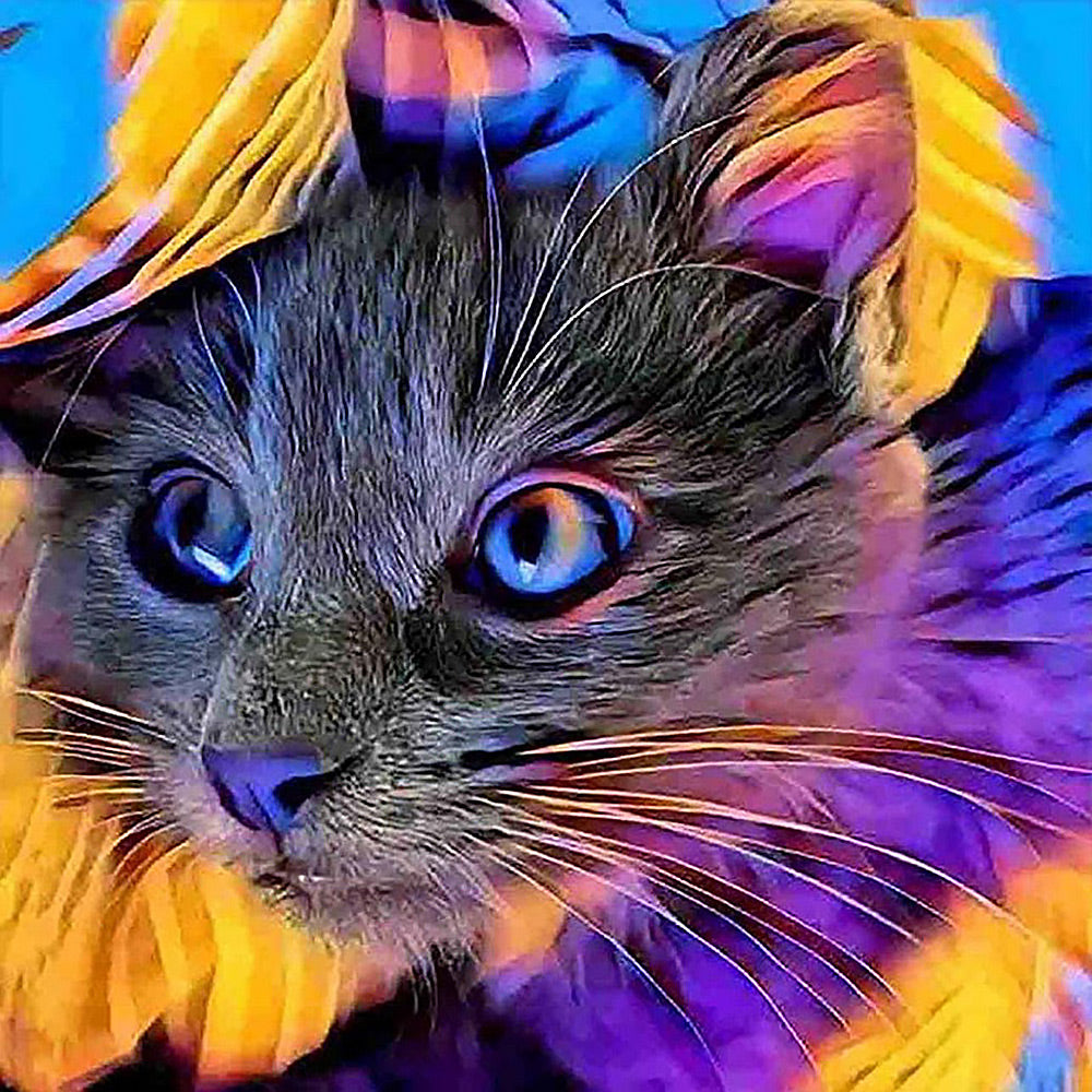 Psychedelic colourful cat portrait cross stitch kit for beginners