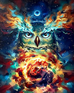 Psychedelic cosmic owl with fire cross stitch kit for beginners