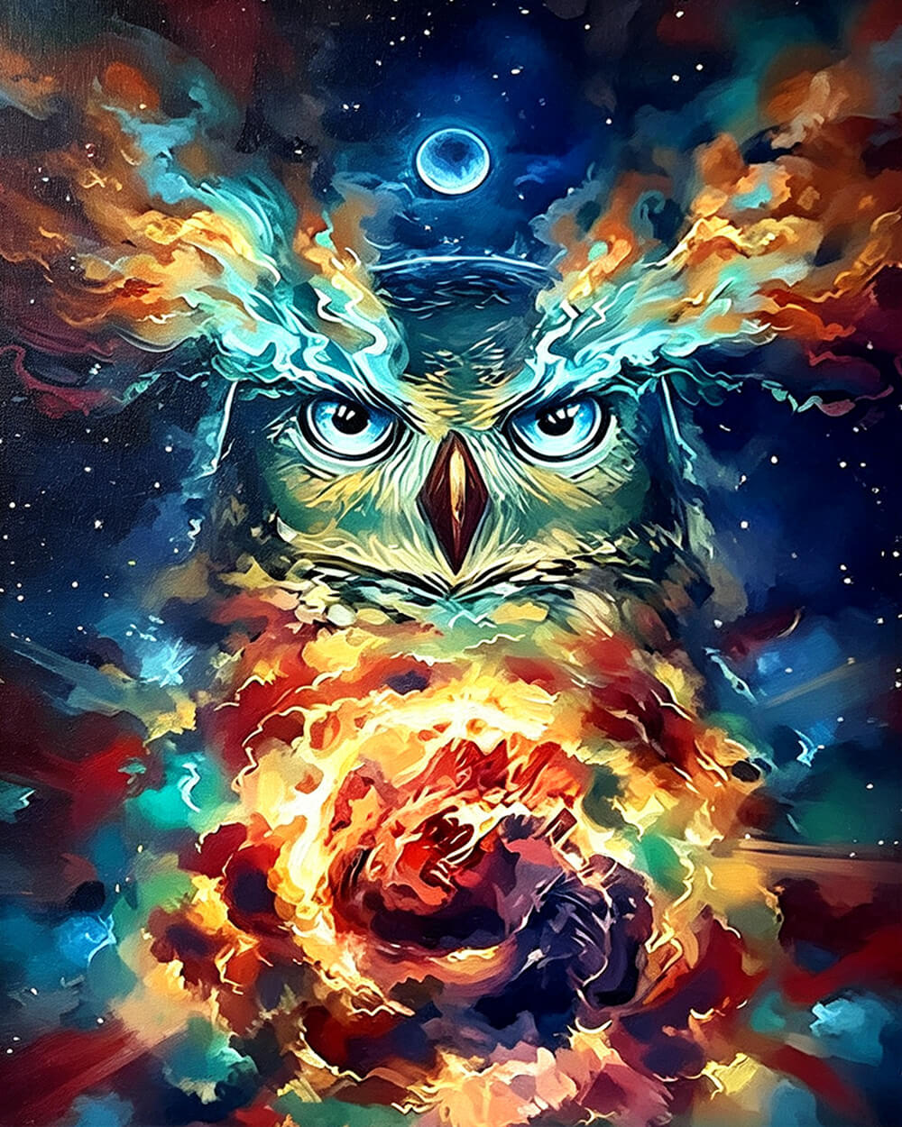 Psychedelic cosmic owl with fire cross stitch kit for beginners