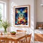 Psychedelic cosmic owl with fire cross stitch artwork displayed on wall as home decor