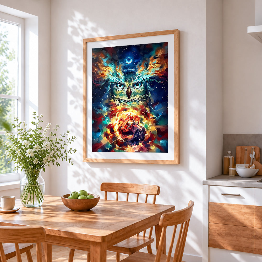 Psychedelic cosmic owl with fire cross stitch artwork displayed on wall as home decor
