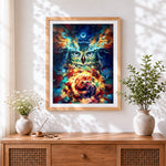 Finished psychedelic cosmic owl with fire paint by numbers artwork displayed as home decor