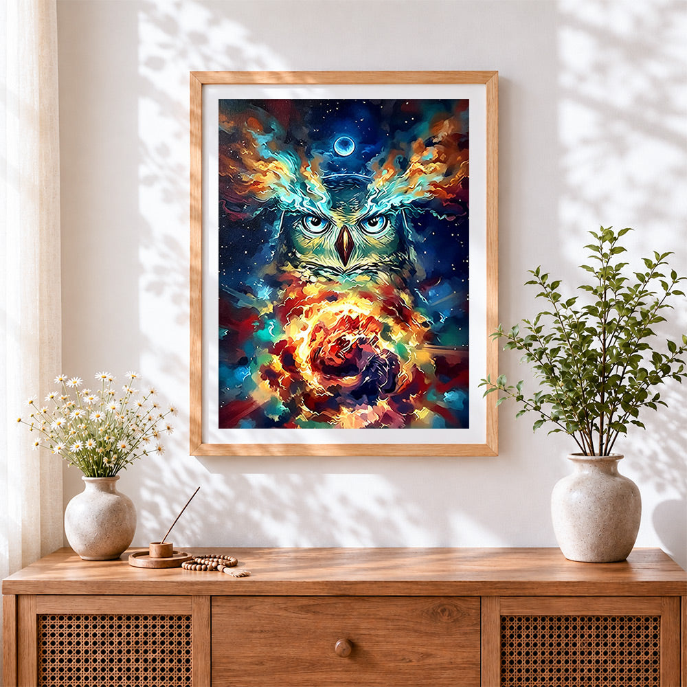 Finished psychedelic cosmic owl with fire paint by numbers artwork displayed as home decor