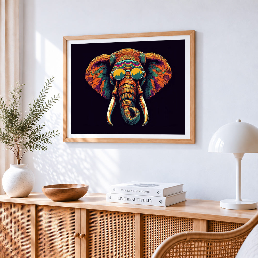 Psychedelic elephant with sunglasses cross stitch artwork displayed on wall as home decor