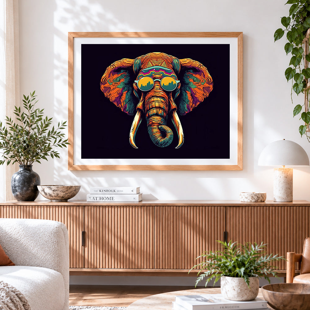 Finished psychedelic elephant with sunglasses paint by numbers artwork displayed as home decor