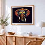 Psychedelic elephant with sunglasses paint by numbers artwork displayed on wall as home decor