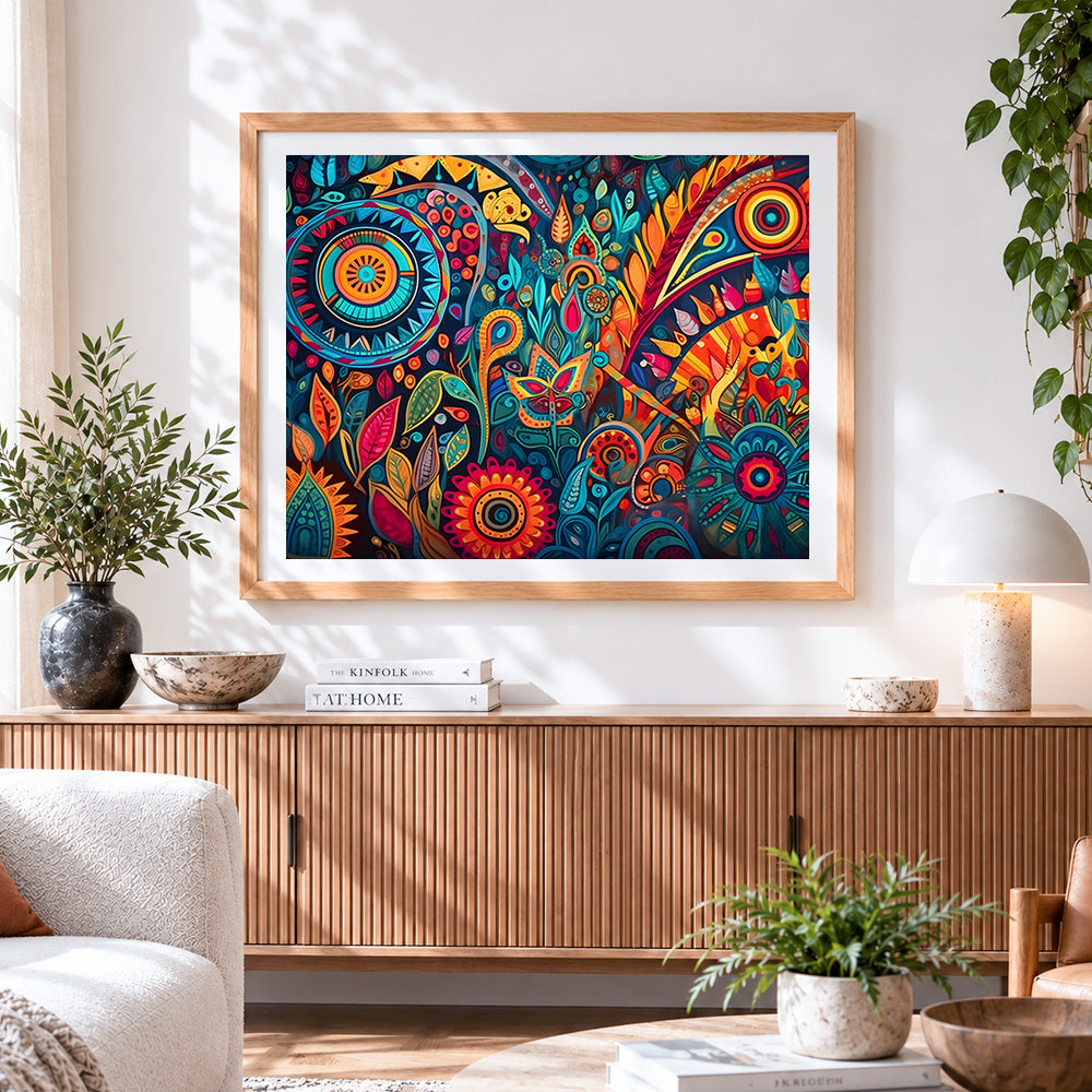 Finished psychedelic mandala botanical pattern cross stitch artwork displayed