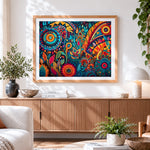 Finished psychedelic mandala botanical pattern cross stitch artwork displayed