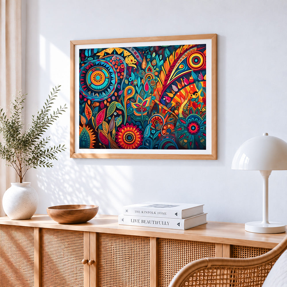 Psychedelic mandala botanical pattern cross stitch artwork displayed on wall as home decor