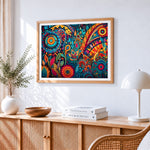 Psychedelic mandala botanical pattern paint by numbers artwork displayed on wall as home decor