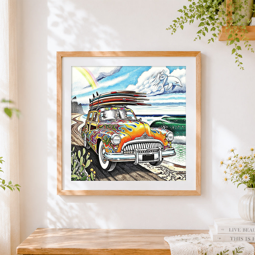 Finished psychedelic surfer van cross stitch artwork displayed