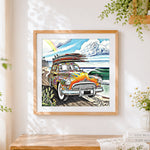 Finished psychedelic surfer van cross stitch artwork displayed