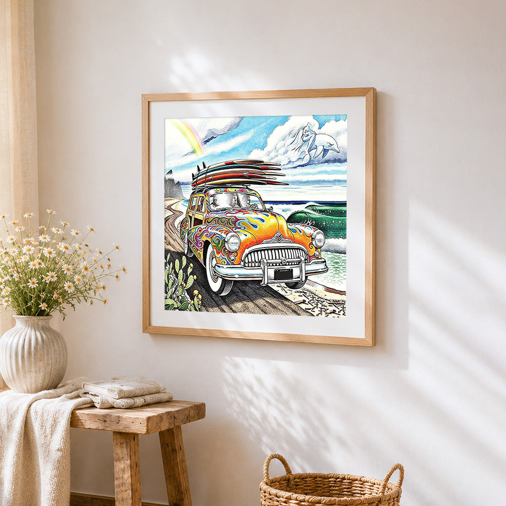 Psychedelic surfer van cross stitch artwork displayed on wall as home decor