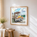 Psychedelic surfer van cross stitch artwork displayed on wall as home decor