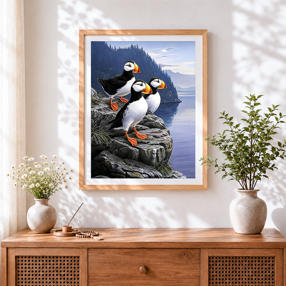 Finished puffins on cliff cross stitch artwork displayed