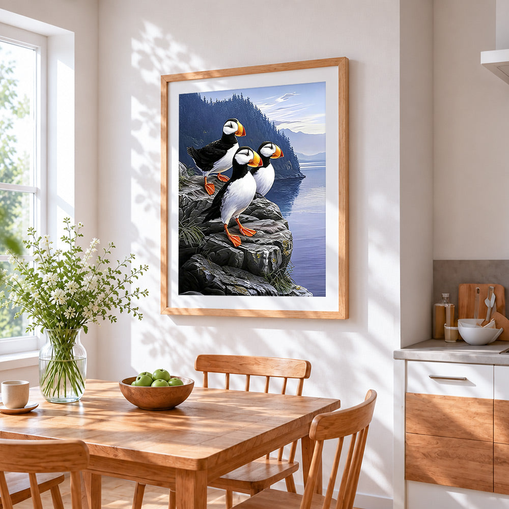 Puffins on cliff cross stitch artwork displayed on wall as home decor