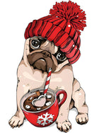 Pug in a bobble hat with hot chocolate cross stitch kit for beginners
