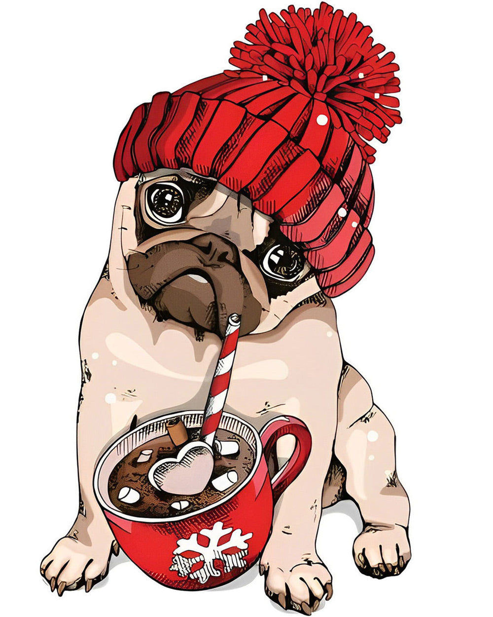 Pug in a bobble hat with hot chocolate cross stitch kit for beginners