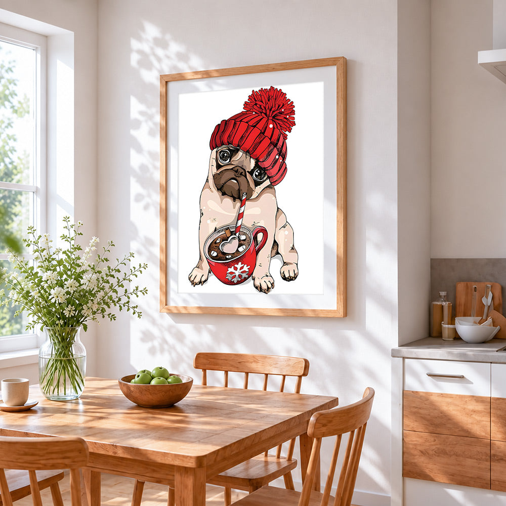 Pug in a bobble hat with hot chocolate cross stitch artwork displayed on wall as home decor