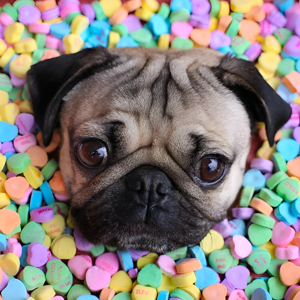 Pug surrounded by colourful hearts cross stitch kit for beginners