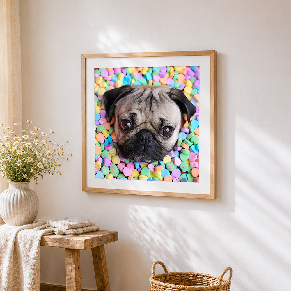 Pug surrounded by colourful hearts cross stitch artwork displayed on wall as home decor