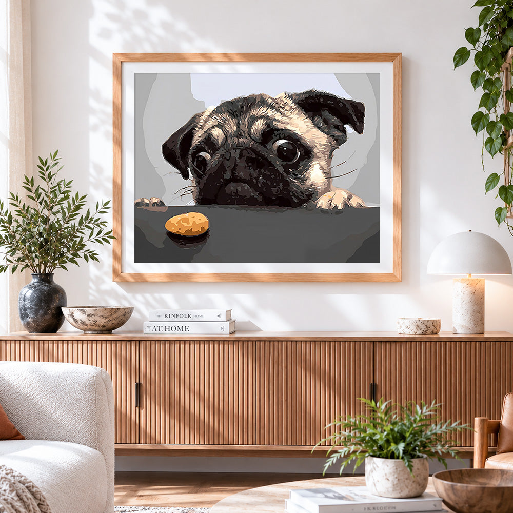 Finished pug with a biscuit paint by numbers artwork displayed as home decor