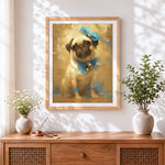 Finished pug with blue bow cross stitch artwork displayed