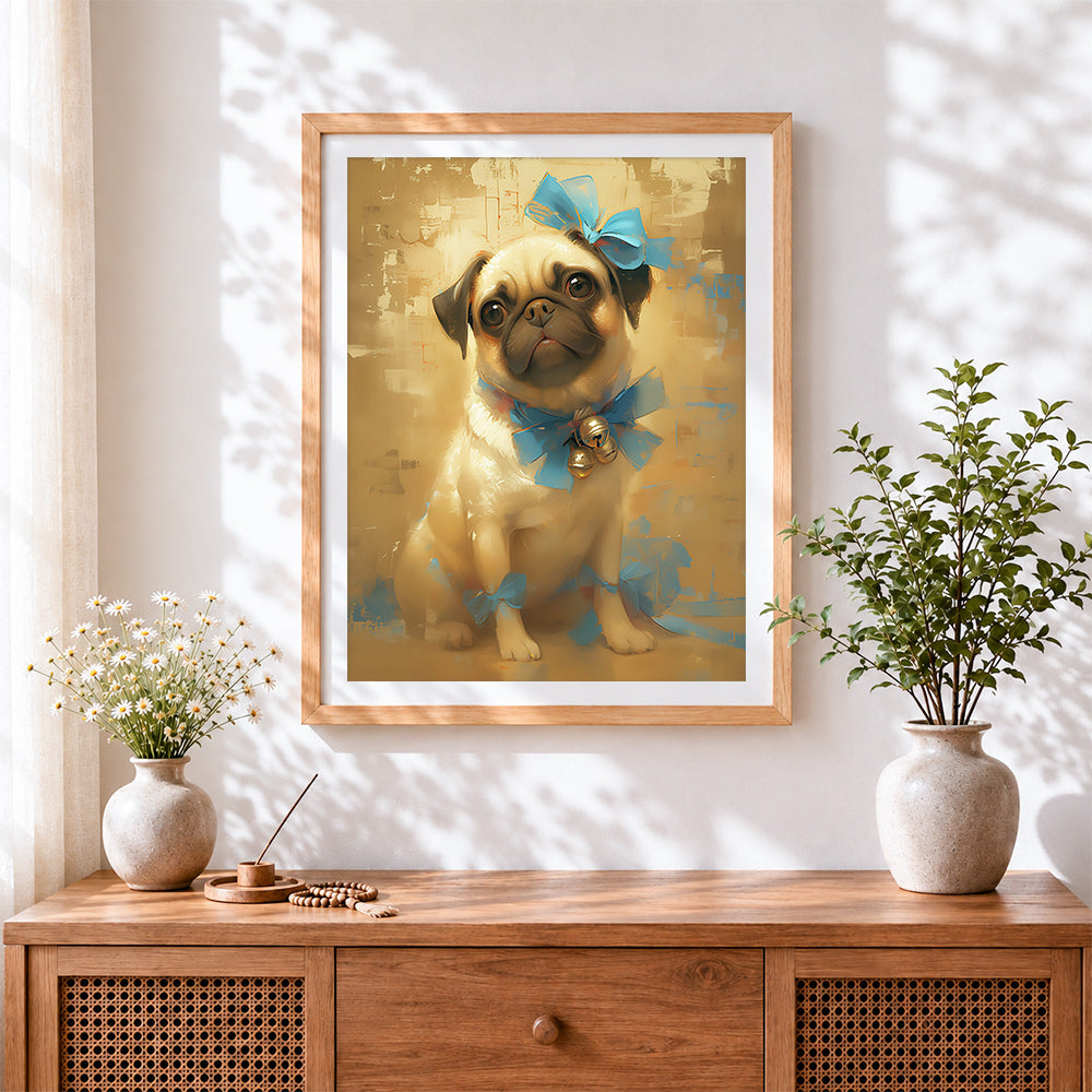 Finished pug with blue bow cross stitch artwork displayed