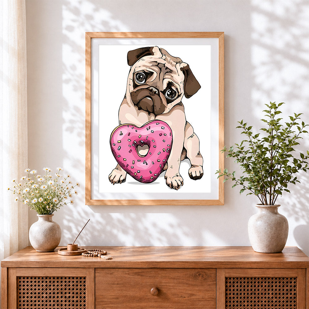 Finished pug with heart shaped donut cross stitch artwork displayed