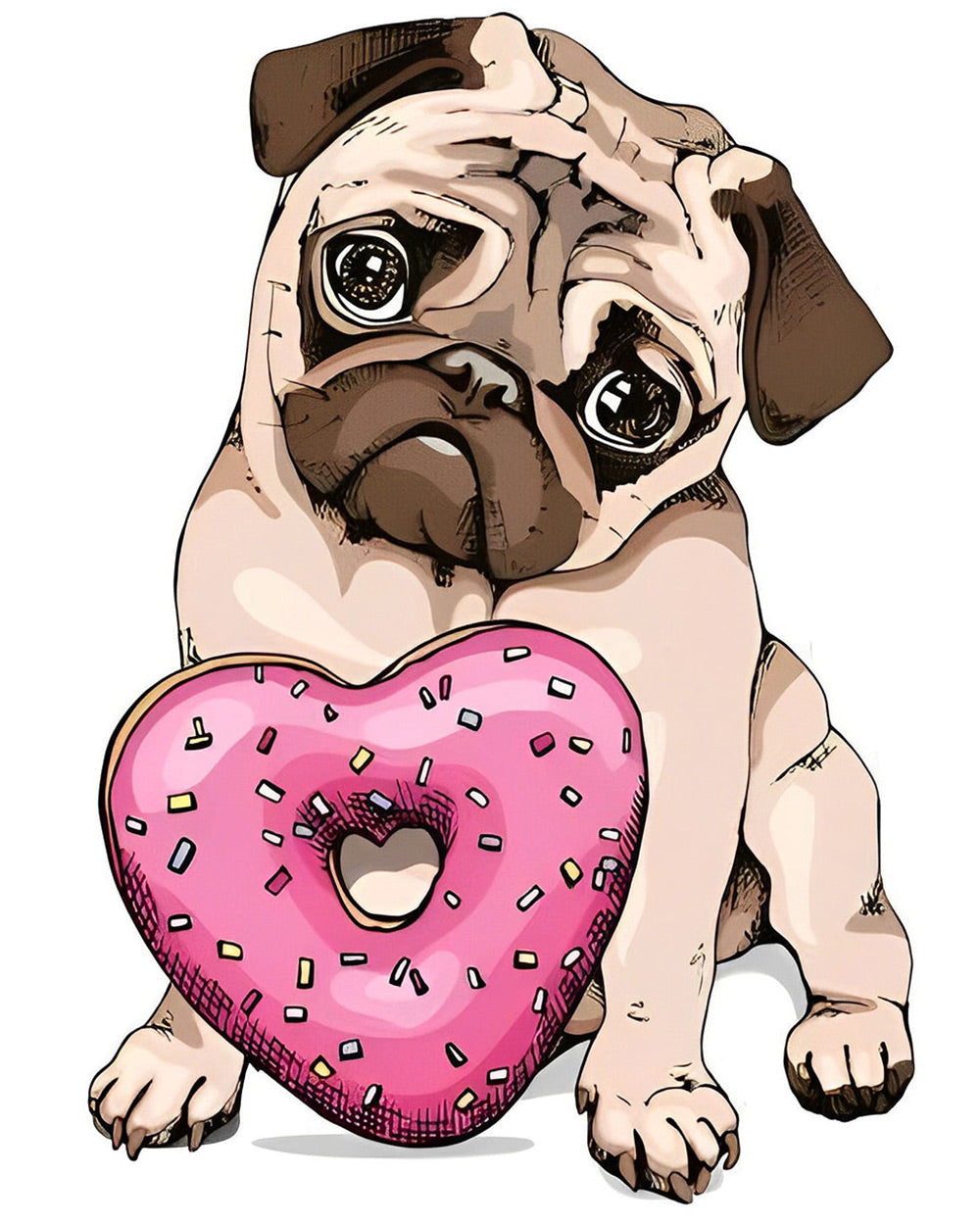 Pug with heart shaped donut cross stitch kit for beginners