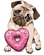 Pug with heart shaped donut cross stitch kit for beginners