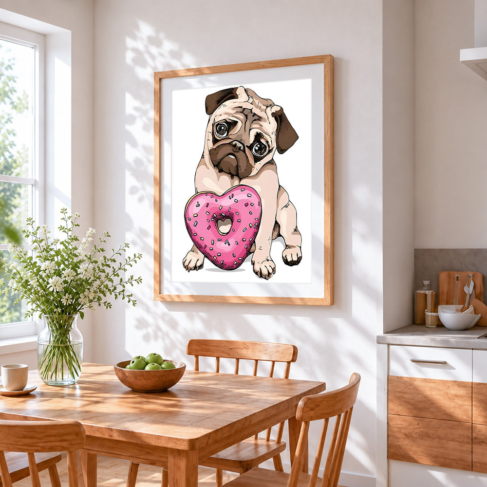 Pug with heart shaped donut cross stitch artwork displayed on wall as home decor