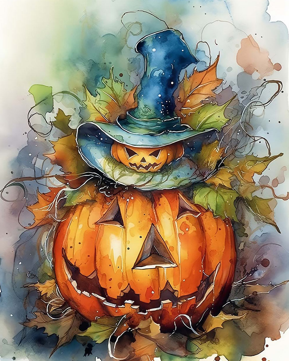 Pumpkin in witch hat cross stitch kit for beginners