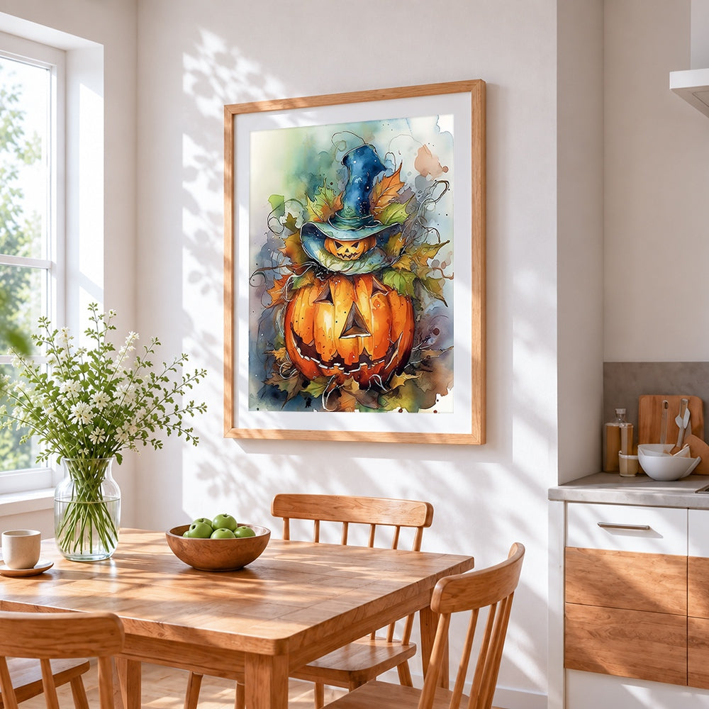 Pumpkin in witch hat cross stitch artwork displayed on wall as home decor