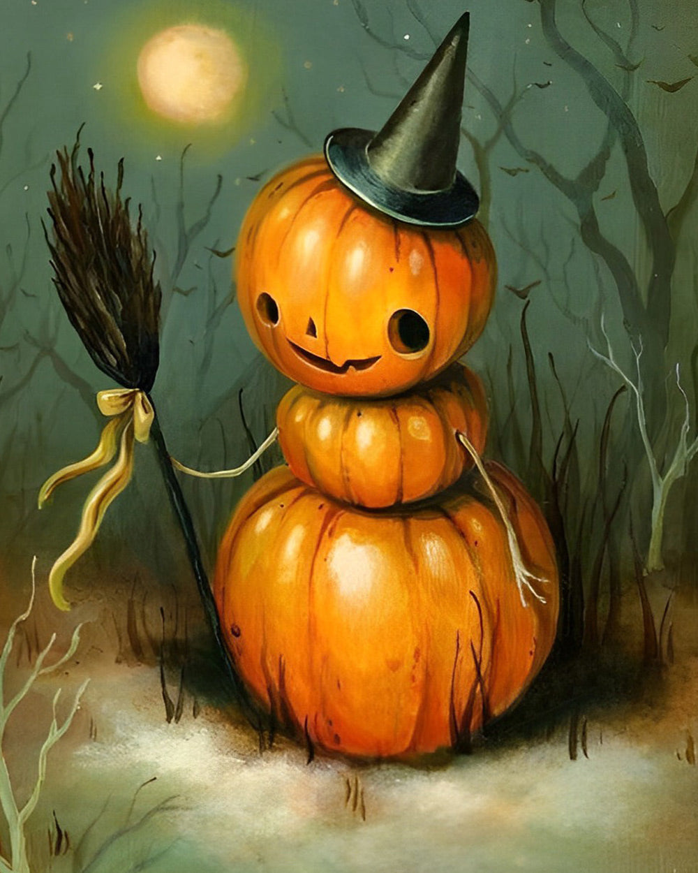 Pumpkin snowman with witch hat and broom cross stitch kit for beginners
